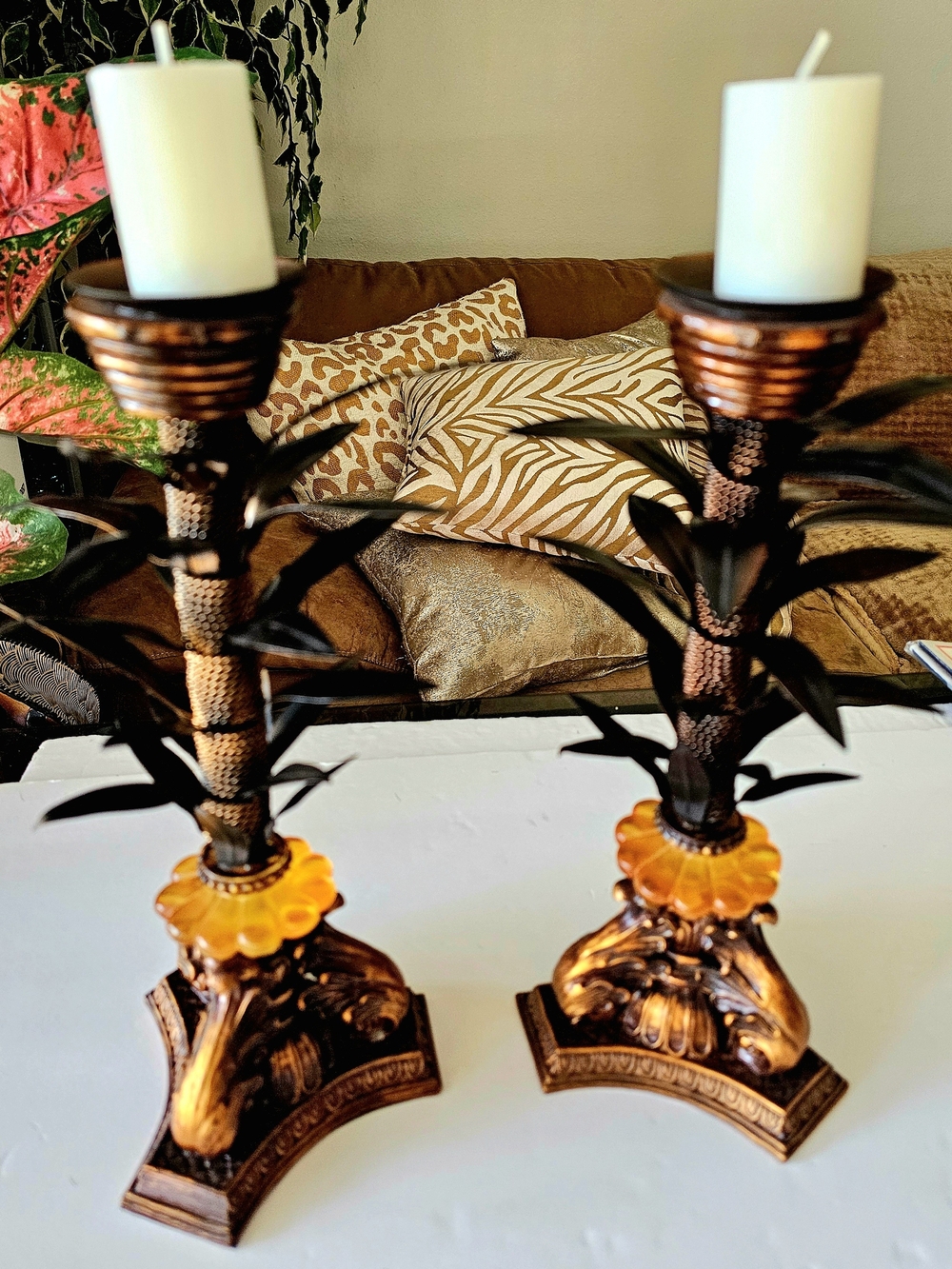 Copper-Tone Floral Pillar Candle Holders - Adjustable Metal Leaves